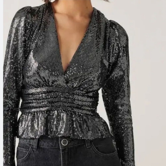 New BA&SH Mae Sequin Top Long Sleeve V Neck Peplum Party Sparkle Noir Black XS - Picture 8 of 17